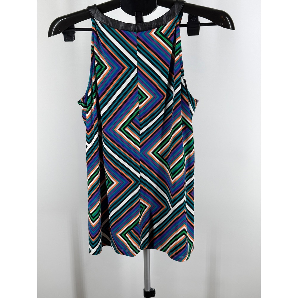 Calvin Klein Geometric Chevron Halter Top Faux Leather Trim Multi Color Blouse M - Picture 2 of 6